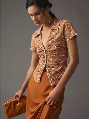 Anthropologie Maeve Citrus Fruit Printed Button Front Ruched Blouse Size Small